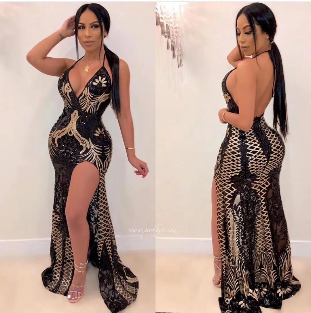 Сексуальное Женское облегающее вечерние платье Vestido Для женщин Лето v-образный вырез с лямкой на шее платье из тюля без рукавов с низким вырезом на спине, с блестками с геометрическим рисунком Бандажное платье