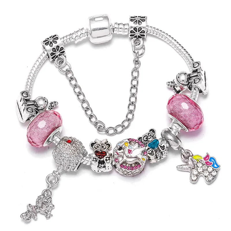 Boosbiy Dropshipping Cute Mickey Minnie Charm Bracelet For Women Kids With Silver Snake Chain Brand Bracelet Christmas Jewelry