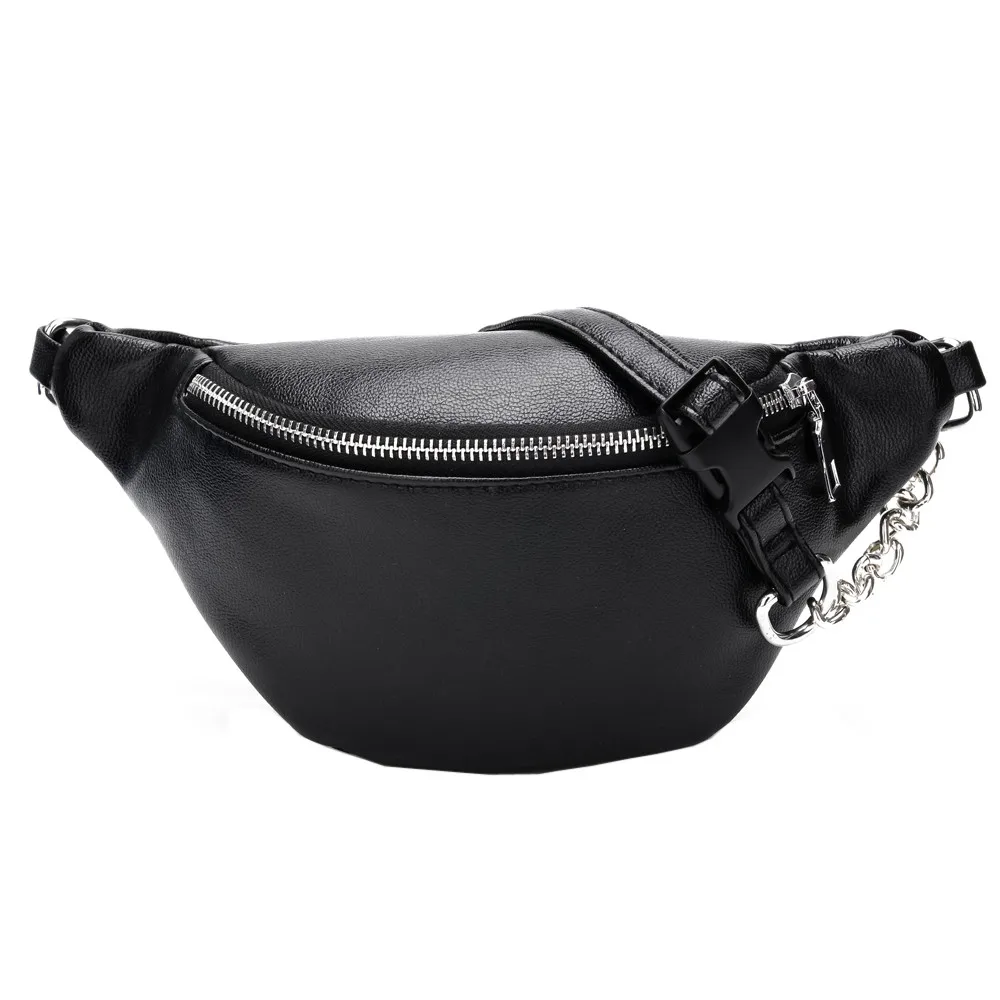 Women Chest Bags Fashion Chain Leather Messenger Bag Shoulder Bag Female Large Capacity Zipper Phone Money Female Waist Packs - Color: black-a