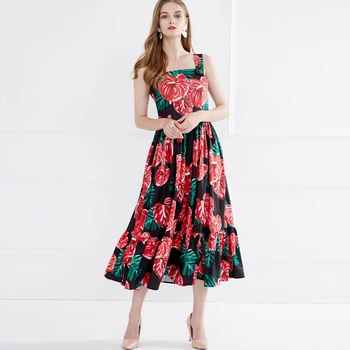 

Red RoosaRosee Sexy Slash-neck Sleeveless Designer Women Summer Floral Print Holiday Strap Dress 2020 Dresses Lady Robe Vestidos