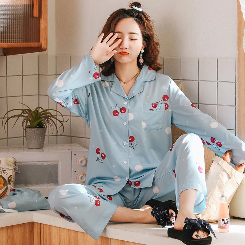

Hot Selling Autumn New Ladies Pajama Set Fresh Style Cherry Printed Soft Satin Turn-down Collar Comfort Ice Silk Women Homewear