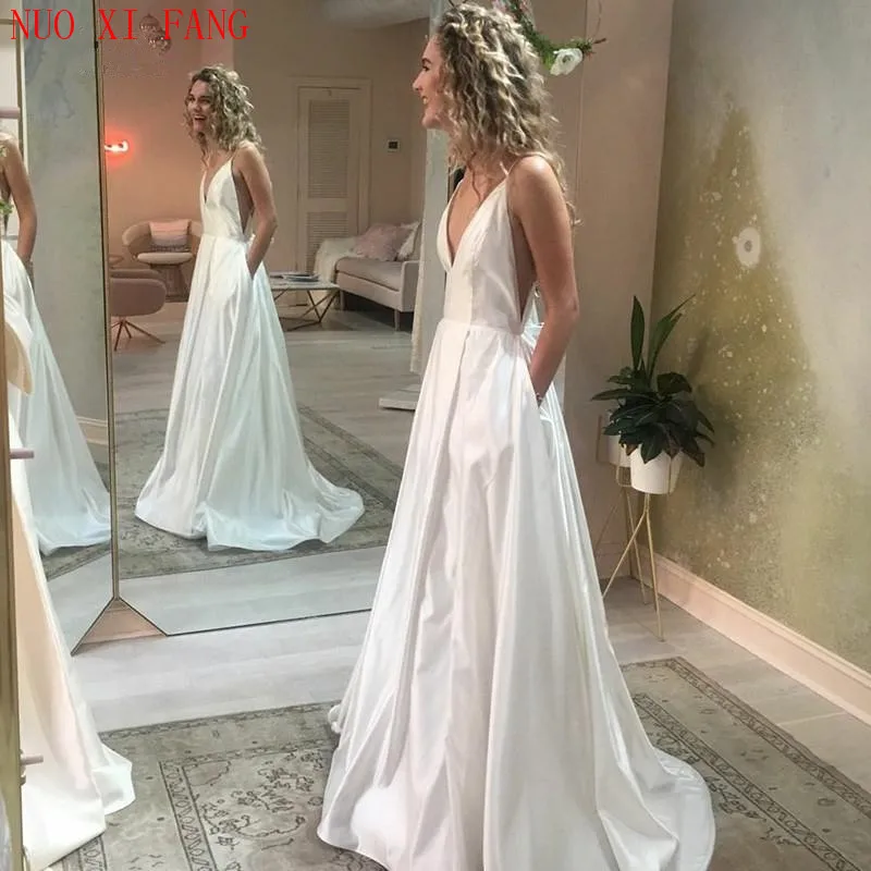 A Line Sexy Deep V Neck Spaghetti Straps Wedding Dress Backless Wedding Gown Satin Bridal Dress 2020 Vestido De Noivas Casamento