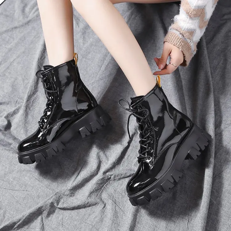 Women Motorcycle Ankle Boots Wedges Punk Boots Female Lace Up Platforms Winter Boots Patent Leather Ankle Boots For Women Shoes