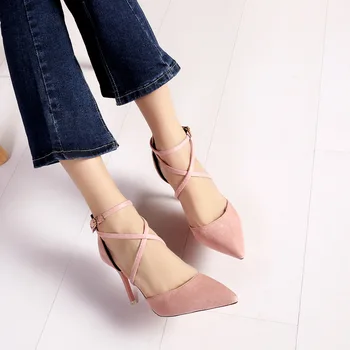 

Dress Shoes Women High Heel Flock Buckle Strap Pointed Toe Pumps Summer Sandals Party Shoes 8cm Heels Pink Black Gray Green