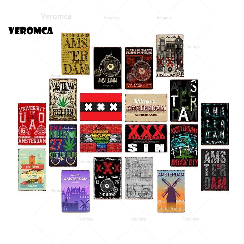 

City Slogan Tin Signs Netherlands Amsterdam Metal Vintage Plaque Wall Stickers Poster Beer Bar Coffee Cafe Vintage Home Decor