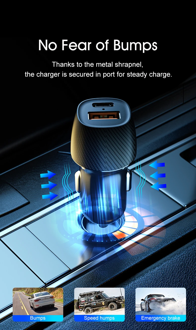 QCY 20W Car Charger Dual Port USB Mini Car Charger PD QC Quick Charge USB-A USB-C Car Adapter for iOS Android CR05