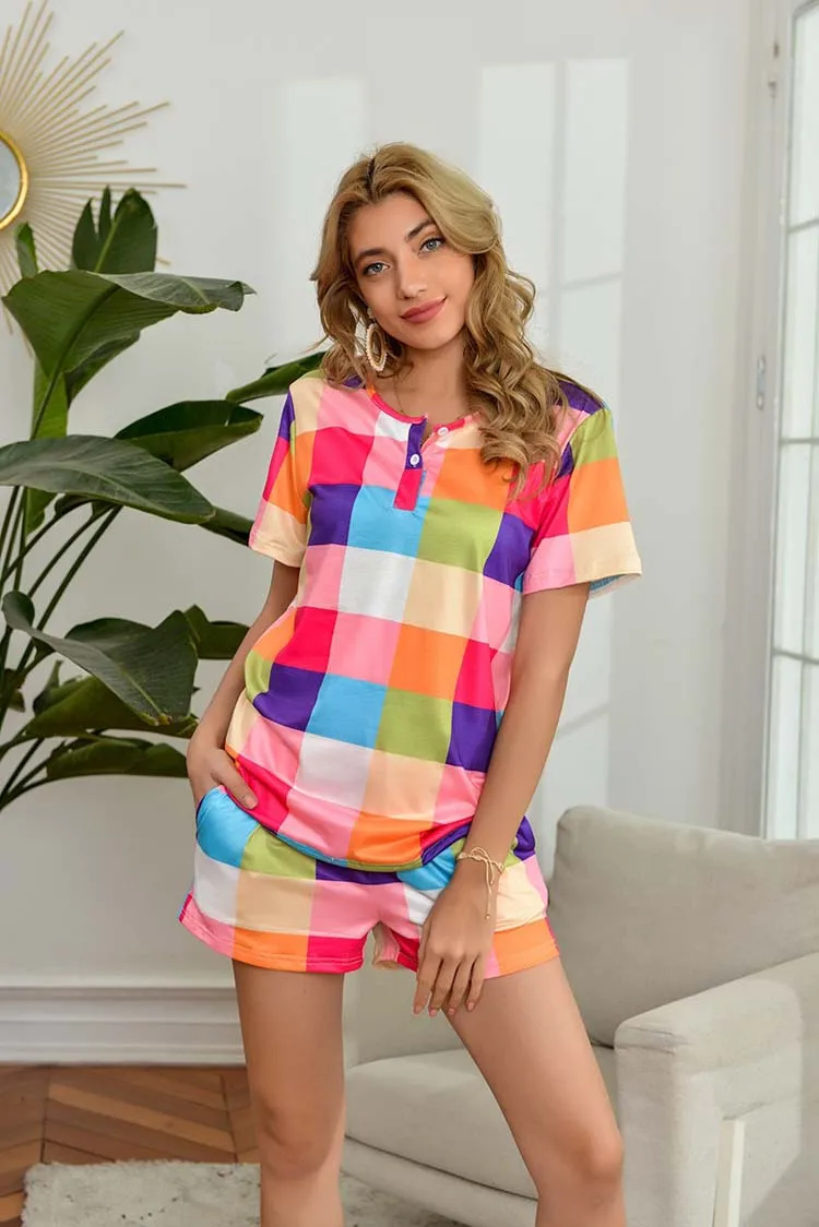 Casual Two-piece Set Home Women Pant Suit Rainbow Plaid O-neck T Shirt Elastic Waist Sexy Shorts Summer Pants Suits Beach Suit lounge sets