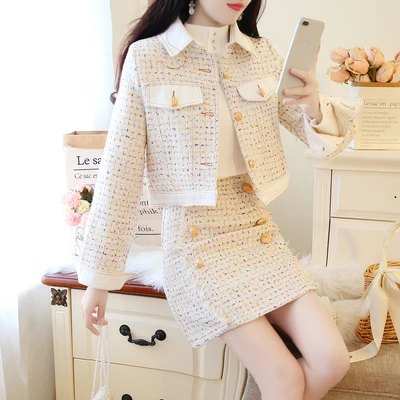 

Autumn Winter Women's Woolen Sets Short Single Breasted Patchwork Tweed Jackets Coats+Zipper Package Hip Skirt Outfits New Suits