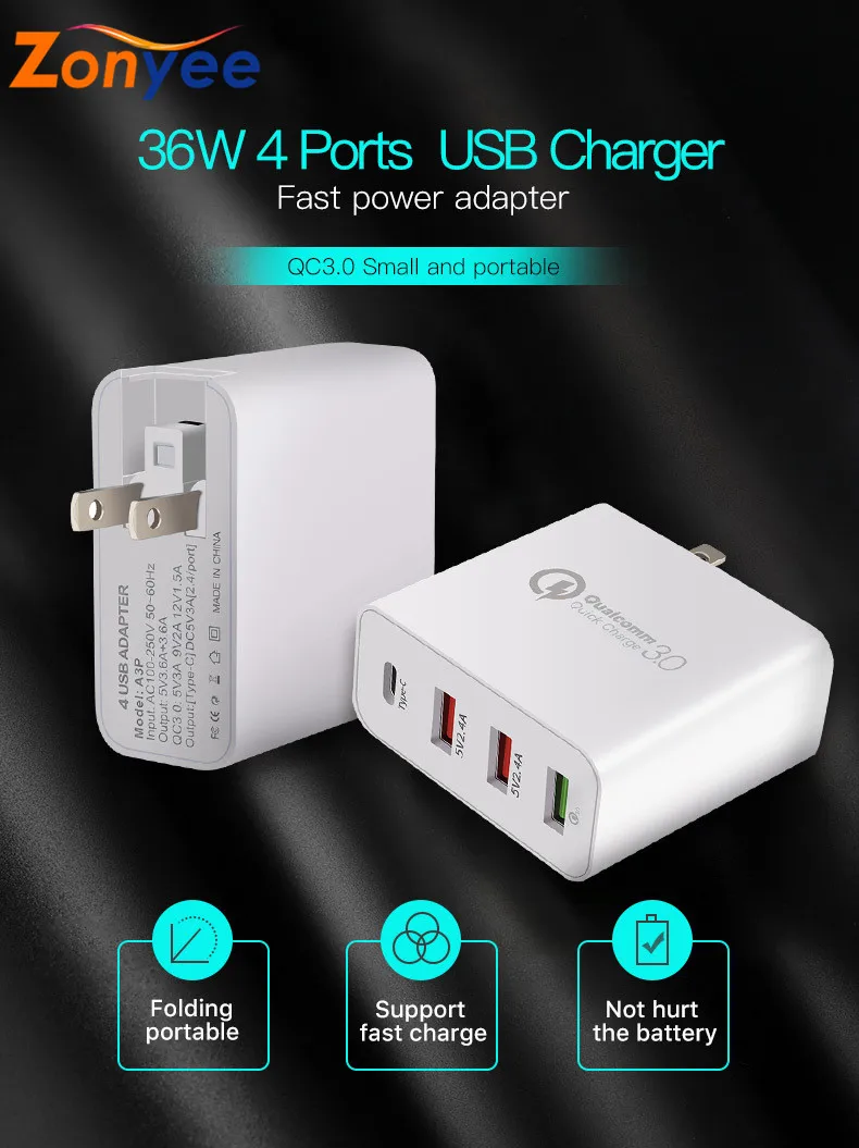 36 Вт быстрое зарядное устройство 3,0 USB-C зарядное устройство адаптер с 1 портом type-C и 3 usb портами USB адаптер питания для телефона планшета скорость зарядки