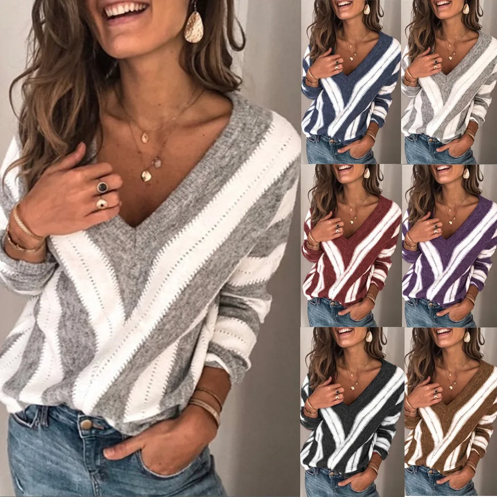 

2020 European and American winter sweater women sweater V-neck striped pullover oversized sweater full winter tops for women