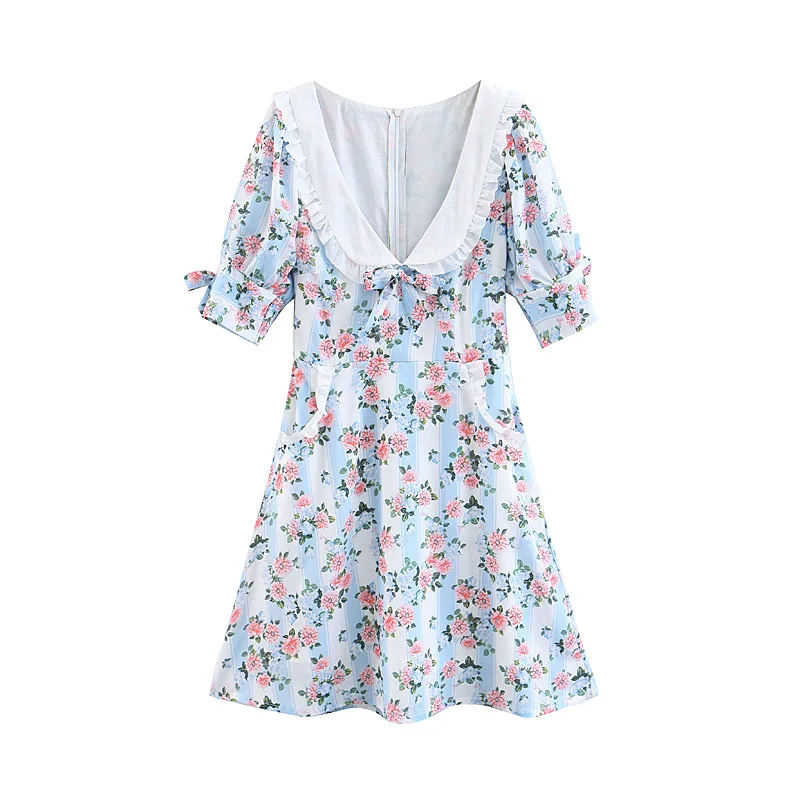 

Europe And America 2019 Spring New Style Slim Fit Slimming Versatile Short Sleeve Peter Pan Collar Stripes Flower Floral Printed