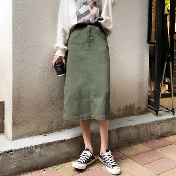 

Long Straight Skirt 2020 New Korean Green High Waist Long A-line Skirt Jupe Pour Femme Faldas Bordadas Mujer