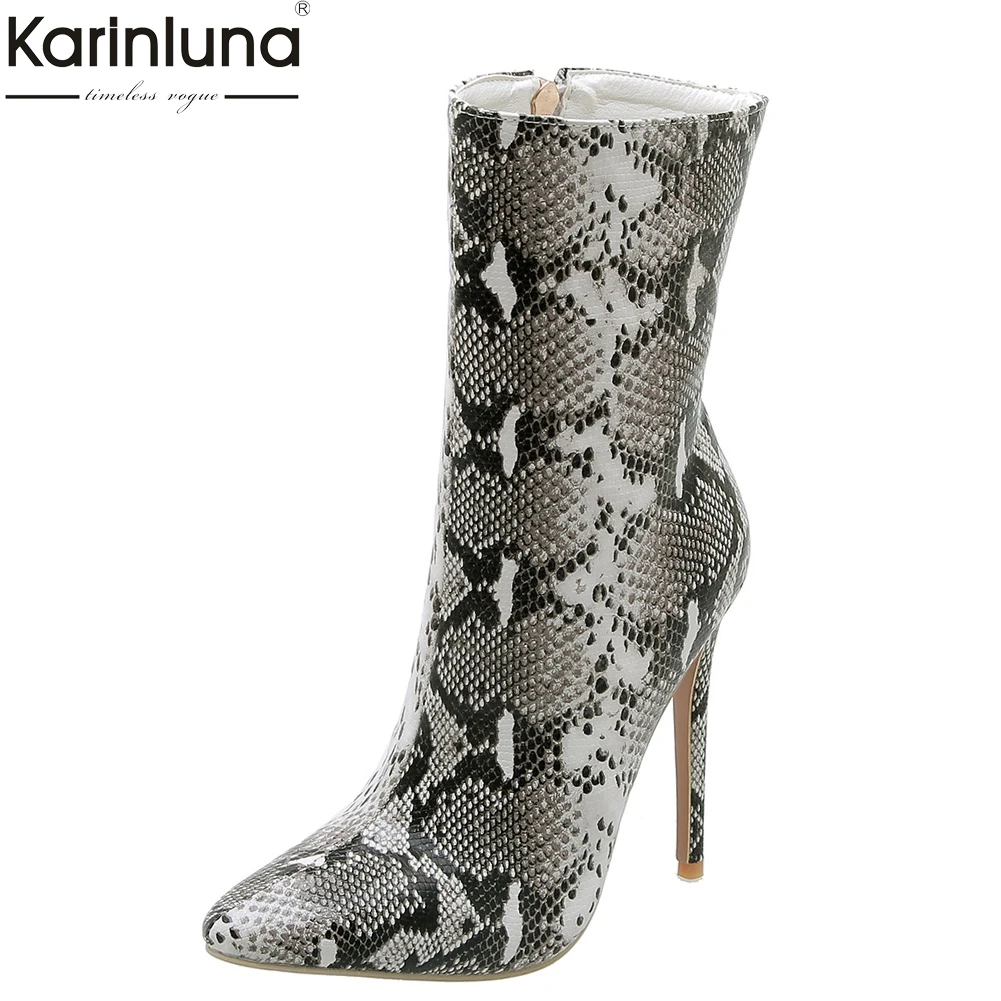 

Women's fashion snake veins Ankle Boots for Women sexy Thin High Heels boots woman Pointed Toe Shoes Women big Size 48