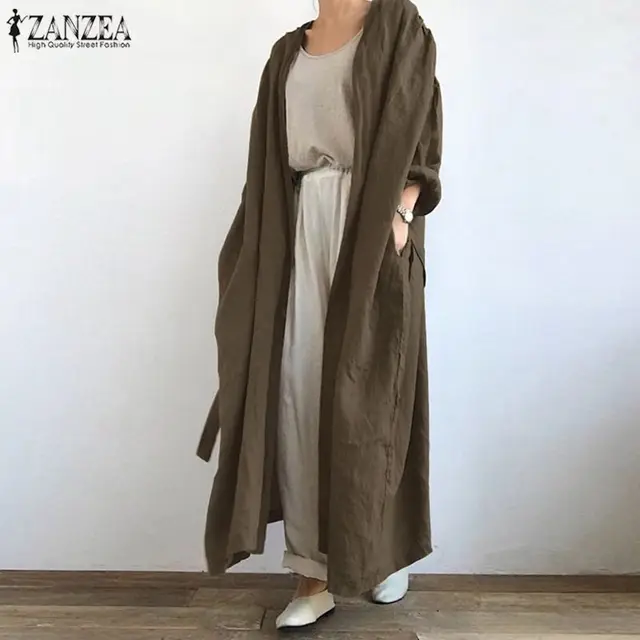 ZANZEA Vintage Solid Lace Up Shirt Fashion Women Long Cardigan Autumn Long Sleeve Open Front Blouse Loose Tunic Top Kimono