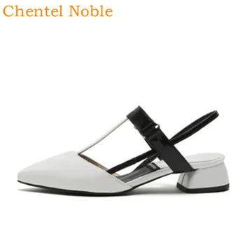 

Newest Chentel Manual Pointed Toe Women Black Band Sandal 2020 Leather Med Bottom Slip-On Sandals Ladies Female White Color