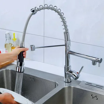 

Chrome Brass Basin Kitchen Faucet Vessel Sink Mixer Tap Spring Dual Swivel Spouts Sink Bathroom Faucets Hot Cold 360° Rotate
