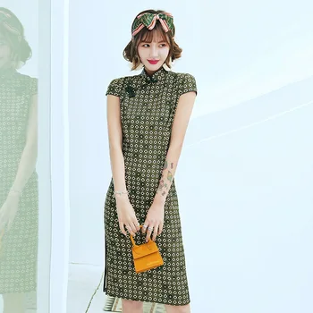 

Sheng Coco Women's Short Sleeve Daily Fashional Chipao Silk Linen Cheongsam Square Print Moden Everyday Qipao Dress Big Size