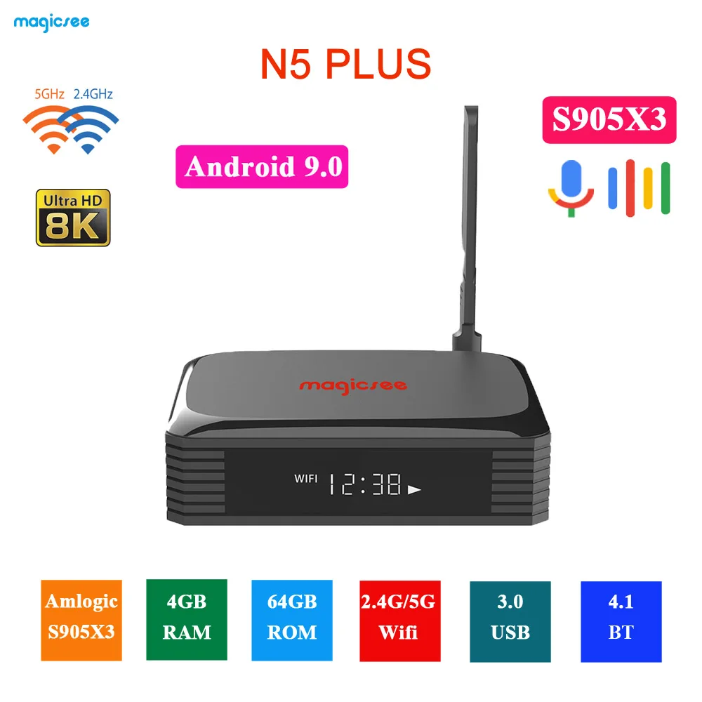 ТВ-приставка Magicsee N5 Plus S905X3 приставка на Android 9 0 4 Гб ОЗУ 64 ПЗУ 2 4/5G функция Dual WiFi Ethernet