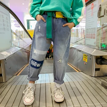 

Trend Girls Pants Casual Jeans With belt broken hole Harem pants Patch Denim Pants Kids Ripped Jeans for Girls Trousers Hip hop