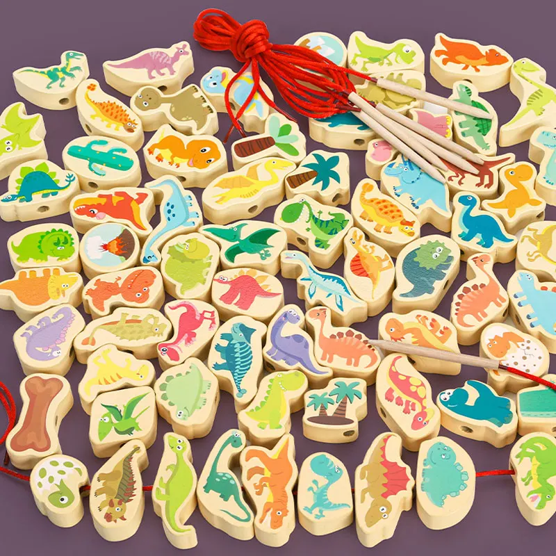 

68pcs Dinosaur model blocks wooden beads game Stringing Threading beads Toy Monterssori Educational for Kids Children