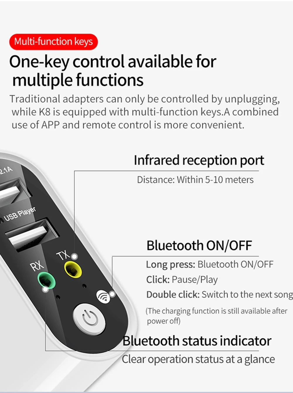 Bluetooth приемник передатчик Bluetooth 5,0 стерео аудио адаптер для Aripods 2.1A USB быстрое зарядное устройство приложение+ пульт дистанционного управления