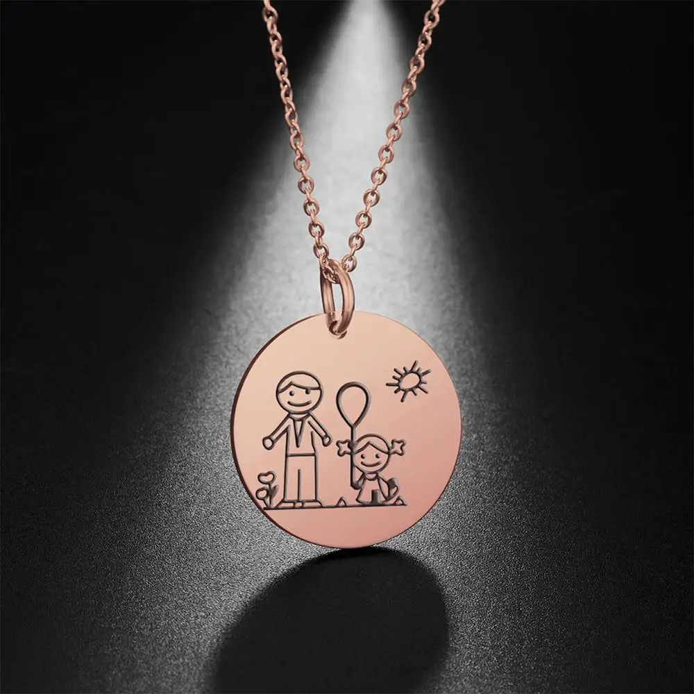 My Shape Love Family Hand in Hand Necklace Father Mother Son and Daughter Sun Cloud Balloon Windmill Stainless Steel Chain Gift