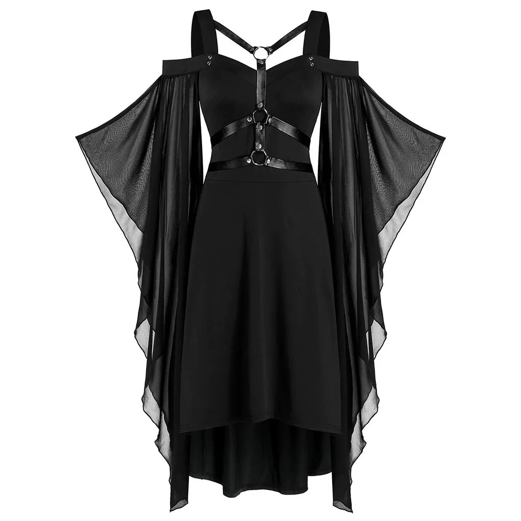 

JAYCOSIN Autumn Women Punk Dresses Plus Size Solid Color Gothic Criss Cross Lace Mesh Patchwork Butterfly Sleeve A-Line Dress
