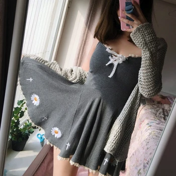 

Harajuku Daisy Embroidery Dress for Women College Dress Cotton Cute Lace Dress Fashion Strap Dress Sexy Lace Dress Female