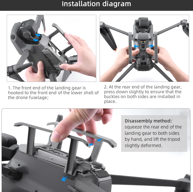 Landing Gear for DJI Mavic 3, the landing gear is hooked to the front end of the lower shell of press down slightly to ensure