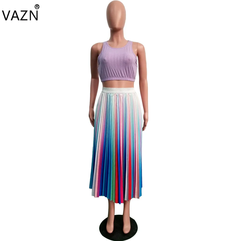 Striped VAZN Лето Новое поступление Милая женская юбка 3 цвета полосатые плиссированные облегающие миди юбки SN3524 - Цвет: Striped