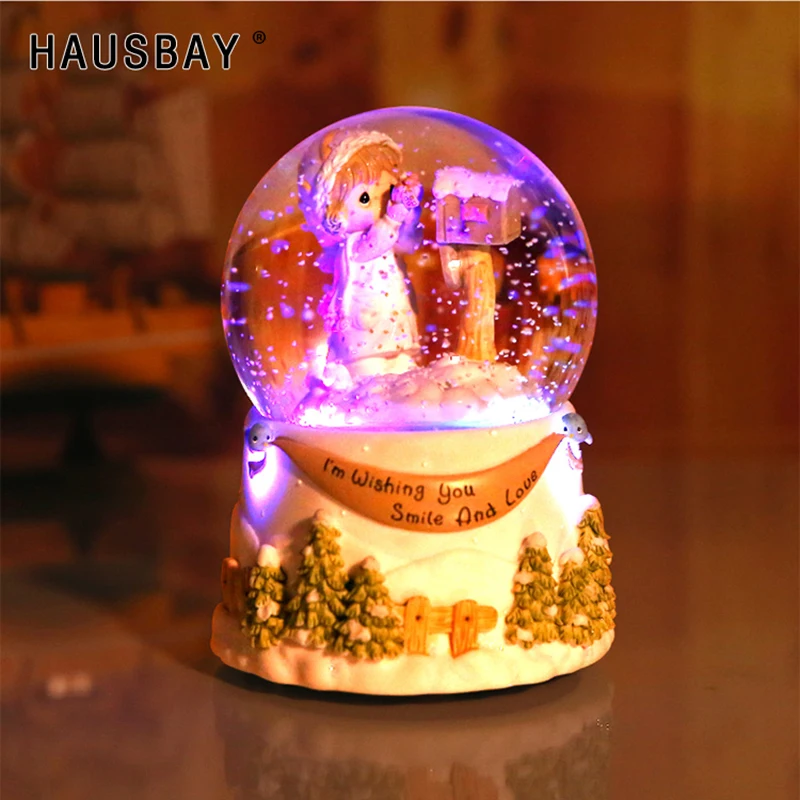 

A Girl Send Letter Crystal Ball Rotating Music Box Bluetooth Artificial Snow Christmas Gift For Children Home Decoration D067