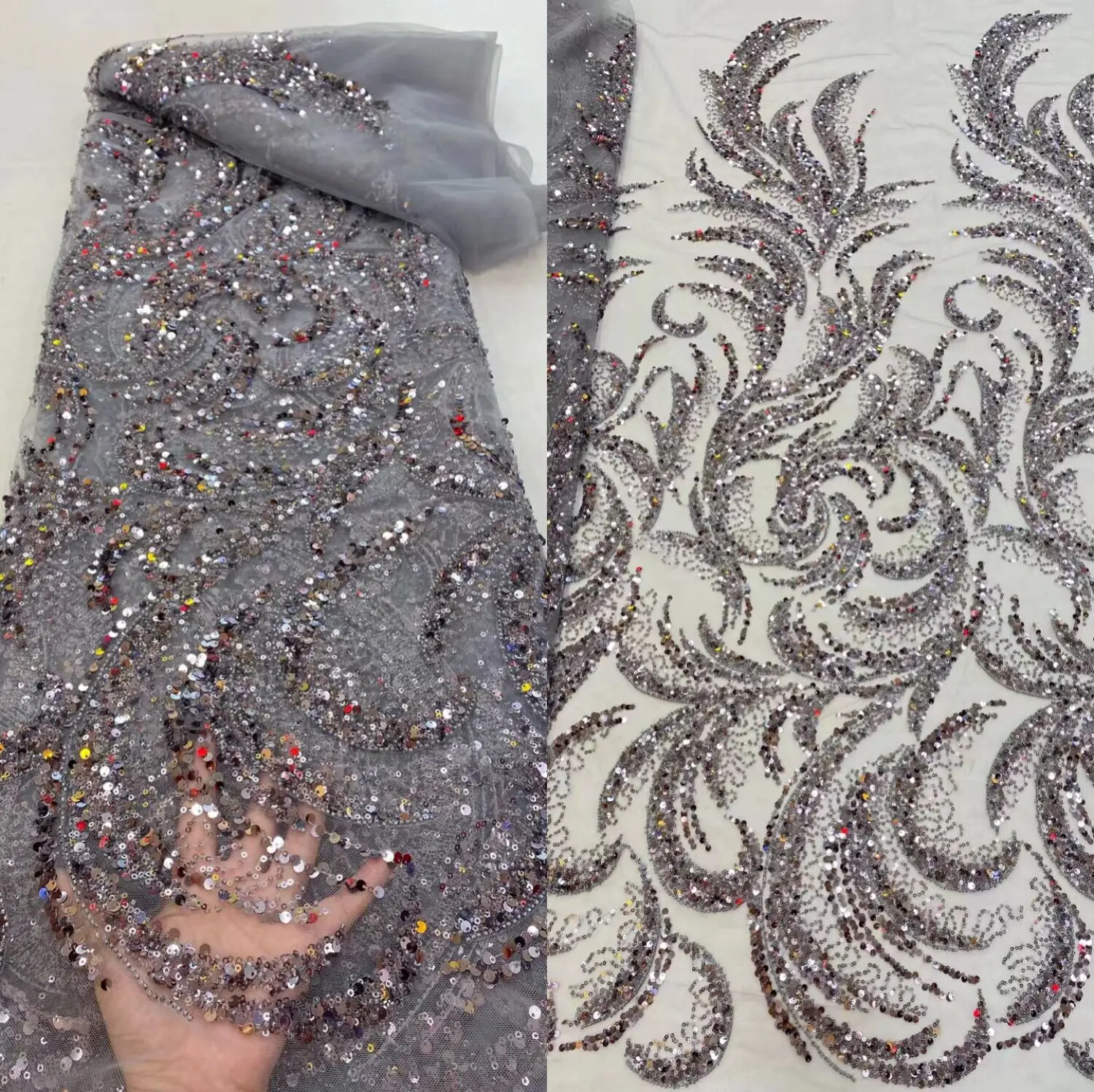

African Lace Fabric Frence Tulle Lace With Sequins and beads High Quality ZH-688681 Embroidery Mesh Lace Fabric For Party Dress