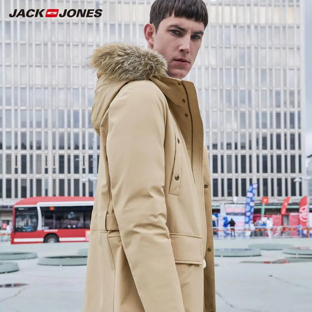 JackJones мужской зимний длинный пуховик с меховым воротником и капюшоном Модная парка пальто мужская одежда 219312509 - Color: SUNTAN