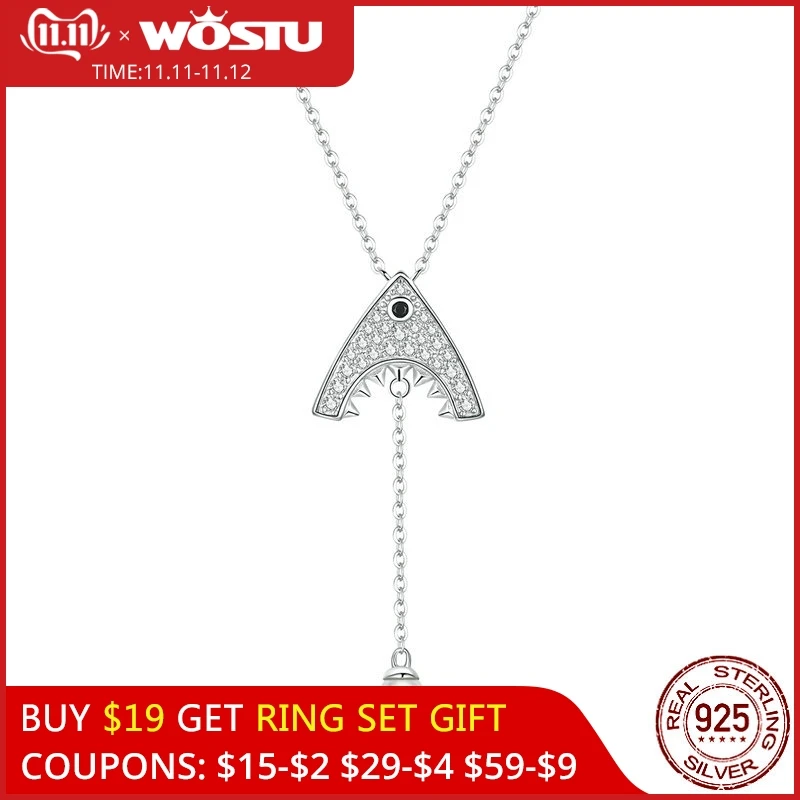 

WOSTU Genuine 925 Sterling Silver Shark Necklace Long Chain Link For Women Clear Zircon Necklace Fashion Party Jewelry CQN369