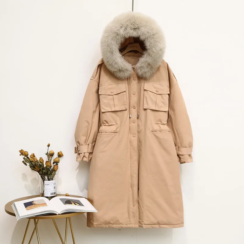 CRRIFLZ 90% White Duck Down Jacket Long Fox Fur Collar Hooded Coats Winter Jacket Women Real Fur Warm Button Pocket Down Parka