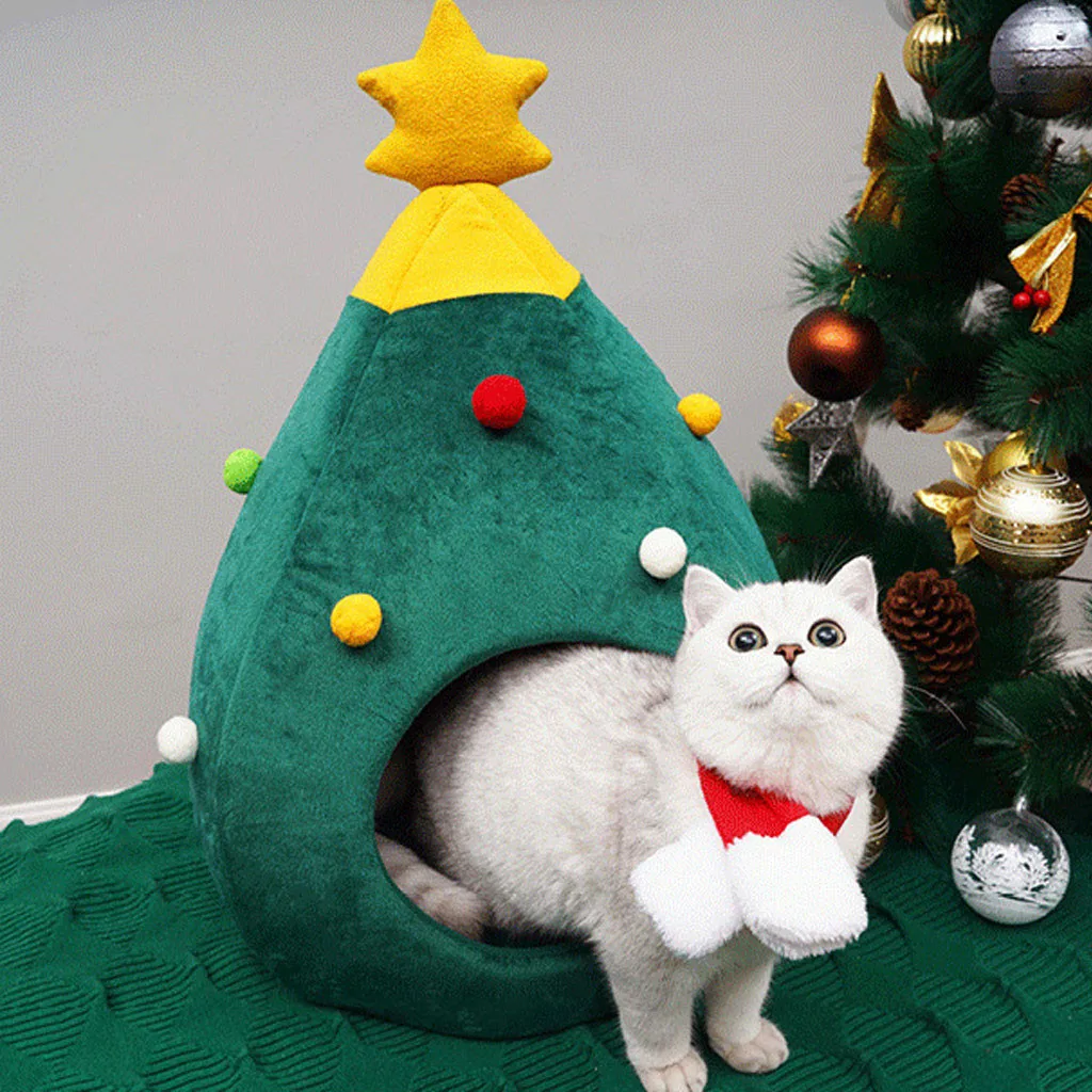 Hot sell Pet Cat Bed Indoor Kitten House Warm Half Closed Sleeping Bag Pet House Nest Cat Basket Portable Christmas Mats Winter