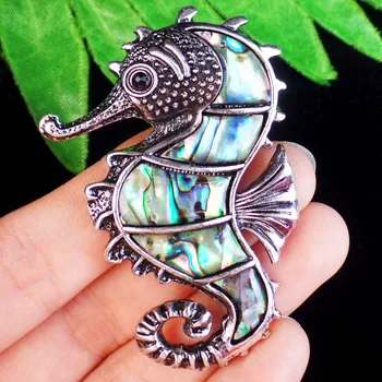 

58x41x11mm Wrapped Tibetan Silver A+Abalone Shell Seahorse Brooch Pendant Bead ZHSH107