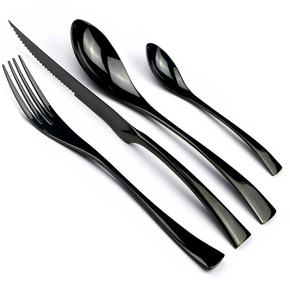 Udråbstegn raid alene 24 Pcs Shiny Black Dinnerware Cutlery Set Stainless Steel Sharp Steak  Dinner Knives Forks Scoops Tableware Silverware Set