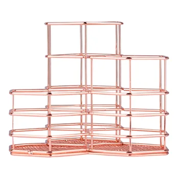 

Home Iron Wire Easy Clean Mesh Design Bedroom 3 Compartment Makeup Brush Solid Storage Basket Desk Tidy Pencil Holder Modern