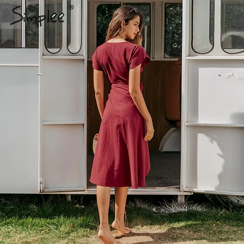 Simplee Sexy v neck women wrap dress Casual solid button female summer dress Elegant ladies cotton spring a line work midi dress