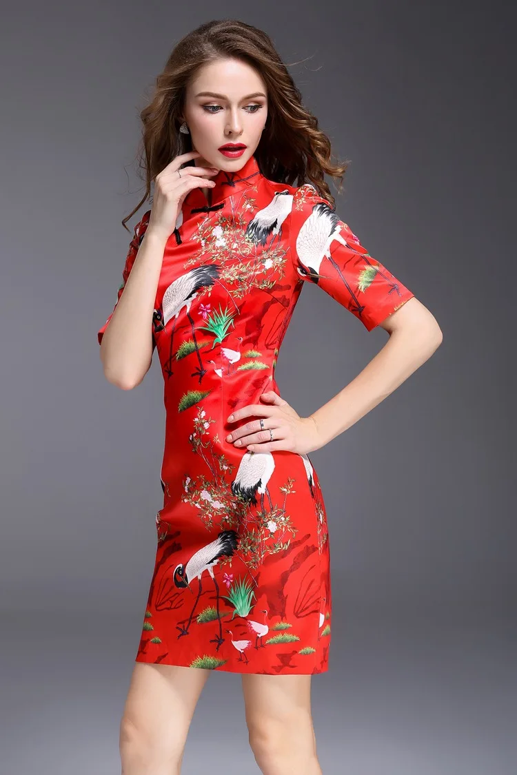Новинка 2013,, платье в китайском стиле, cheongsam, летняя одежда, вечерние платья с принтом, красное XXL, элегантное тонкое женское платье-карандаш