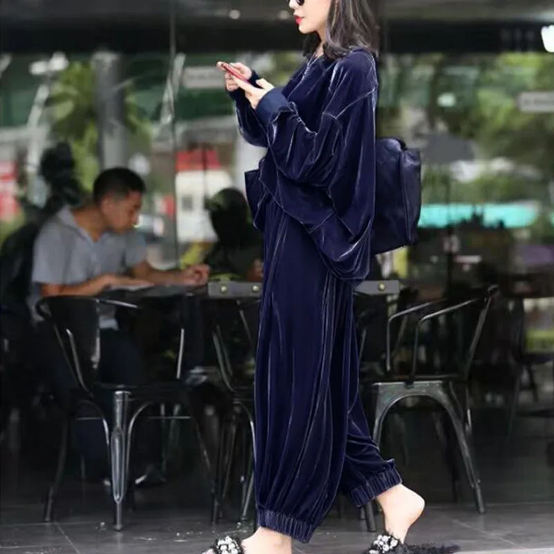 Two Piece Set Female 2020 Spring Autumn Plus Size Gold Velvet Suit Women Fashion Loose Casual Sports Wide Leg Pants Ropa Mujer