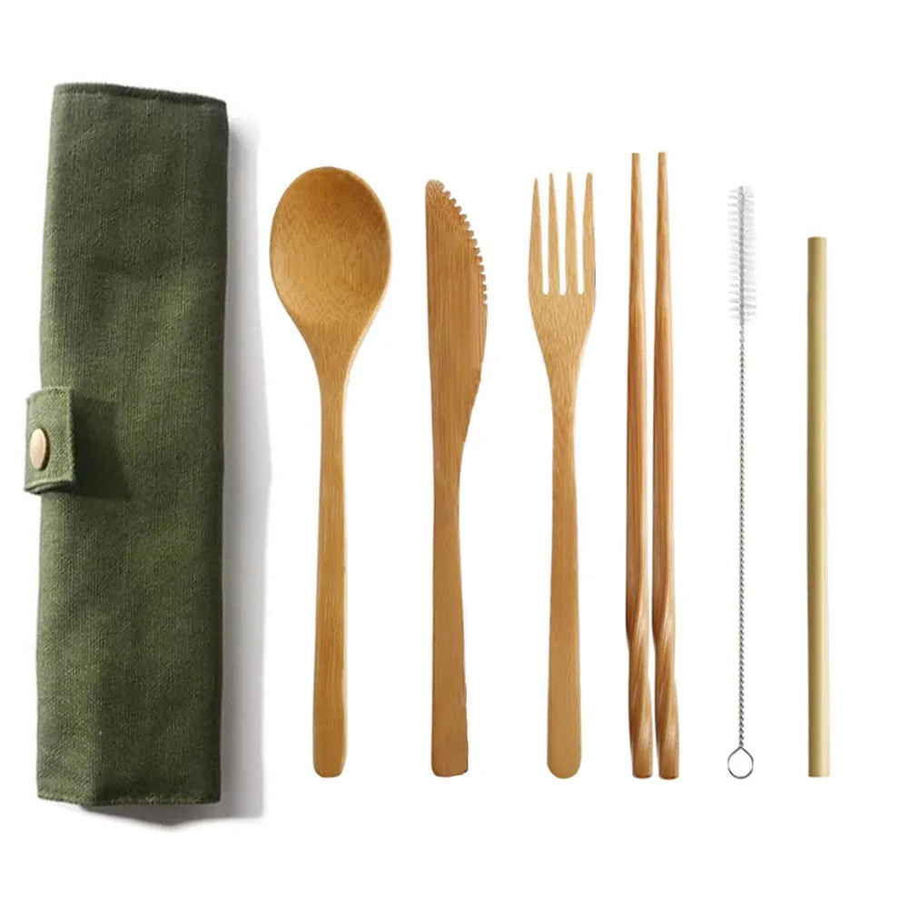 Reusable Bamboo Cutlery Set Bamboo Straw Dinnerware Set With Cloth Bag Knives Fork Spoon Chopsticks Travel Suit