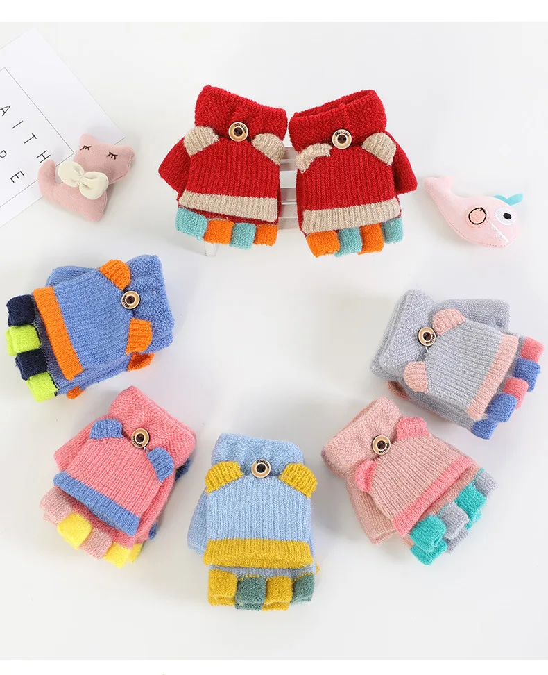 Baby Winter Gloves Children Girls Boy 2-5 Years Half Fingers Flip Cover Gloves Boys Animal Warm 7.5*9.5cm Mittens Knitted Gloves