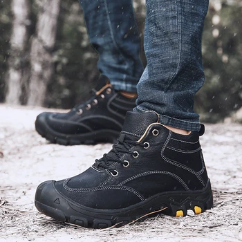 

Winter Antiskid Shoes Hiking Boots Leather Casual Travel Men Shoes High Top Black Non-slip Male Shoes Fur Warm Walking Footwear
