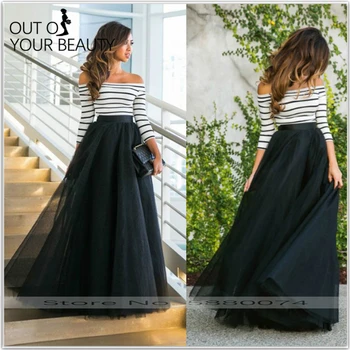 

2020 New Evening Dress Boat Neck Sexy Black Stripe Ladies Banquet Floor-length Three Quarter Sleeve Simple Usually Wearable