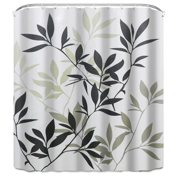 

Leaf Printed Shower Waterproof Polyester Toilet Partition Curtain Bathroom Curtain with Hooks Home Decor-Black