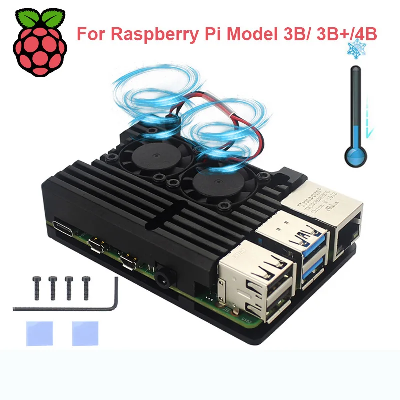 Raspberry Pi 4 Алюминиевый металлический чехол Raspberry Pi 3 Алюминиевый Чехол Коробка с двойным вентилятором теплоотвод для Raspberry Pi 4 3 Модель B 3B Plus