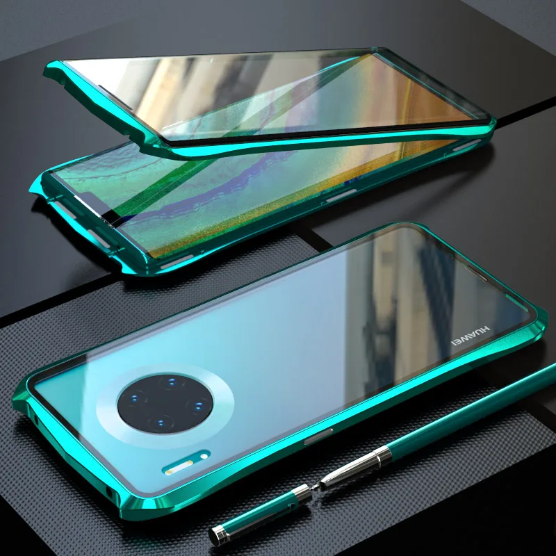 Двусторонний стеклянный Магнитный чехол для huawei mate 30 Pro, Магнитный чехол, Роскошный Алюминиевый металлический бампер 360, защитная задняя крышка, чехол - Цвет: Зеленый