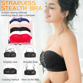 

Autospa Women Strapless Stealth 1/2Cup Bra Wire Free Bra Bandage Brassiere Tira Push Up Underwear A50